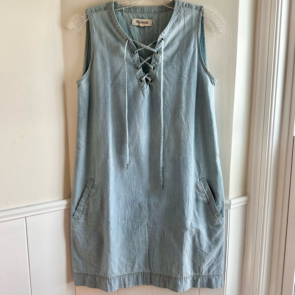 Madewell Light Wash Chambray Lace-Up Sleeveless Denim Mini Shift Dress XS